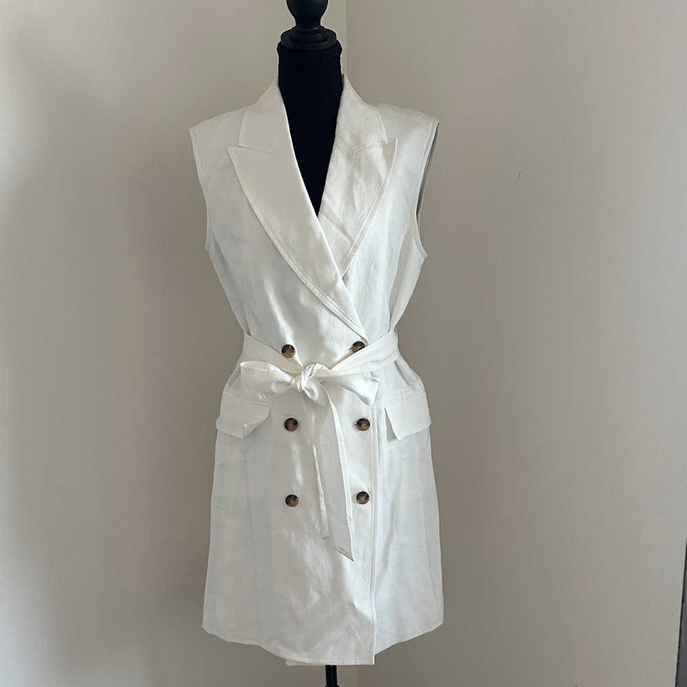 H&M White Sleeveless Double-Breasted Midi Dress with Tie Belt